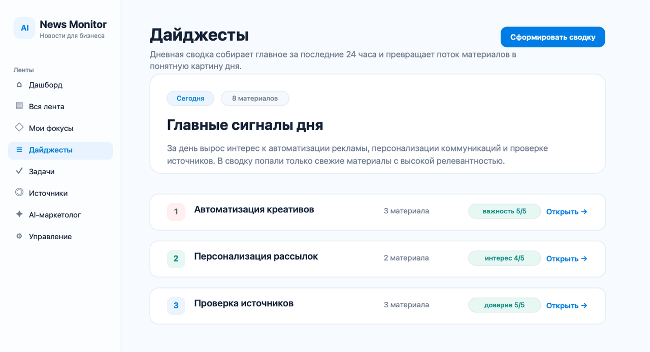 Интерфейс News Monitor: дневной дайджест с главными сигналами дня